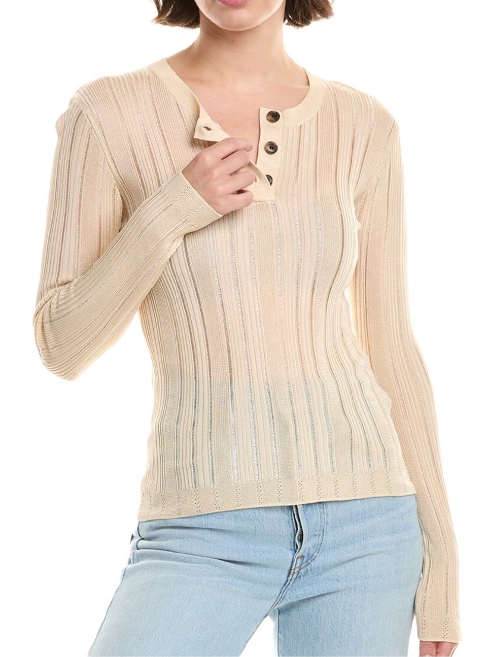 Frame denim laddered cream rib Henley top button placket light weight sz s
